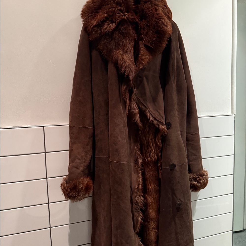 Donna Karan | Vintage Chocolate Brown Suede Trench Coat with Fur Trim